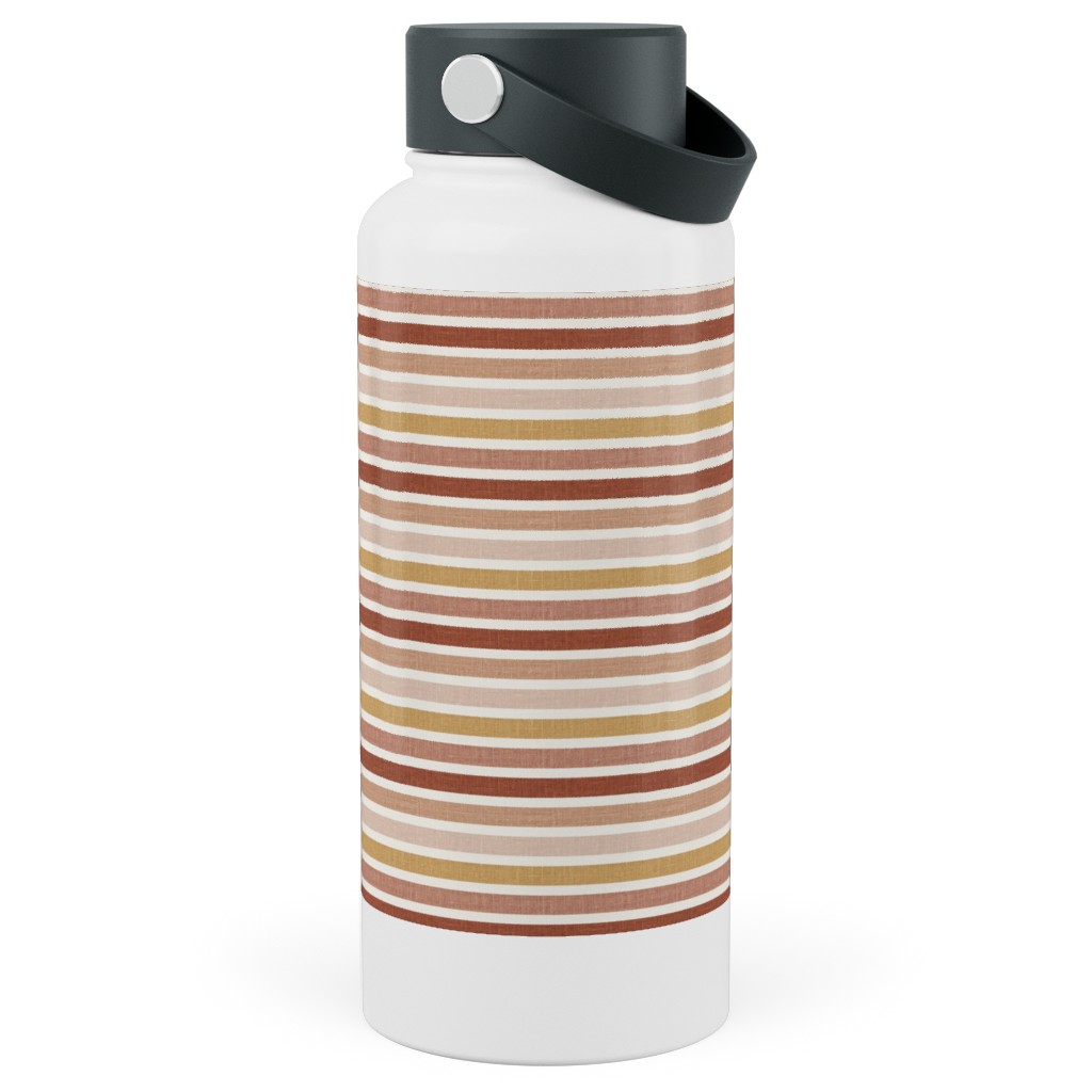 Horizontal Earth Colours Stripes - Red Pink Mustard Toffee Stainless Steel Wide Mouth Water Bottle, 30oz, Wide Mouth, Pink