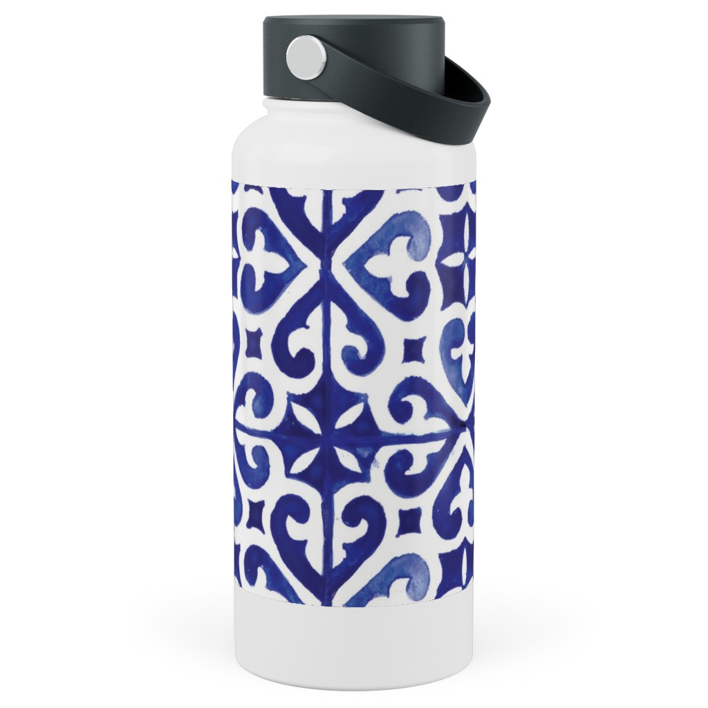 Lisbon Tiles Watercolor - Blue Stainless Steel Wide Mouth Water Bottle, 30oz, Wide Mouth, Blue