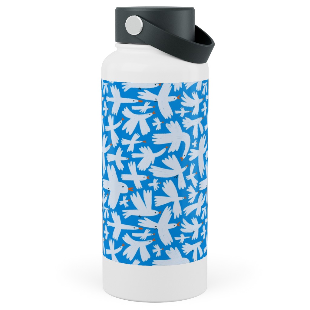 Birds - White on Blue Stainless Steel Wide Mouth Water Bottle, 30oz, Wide Mouth, Blue