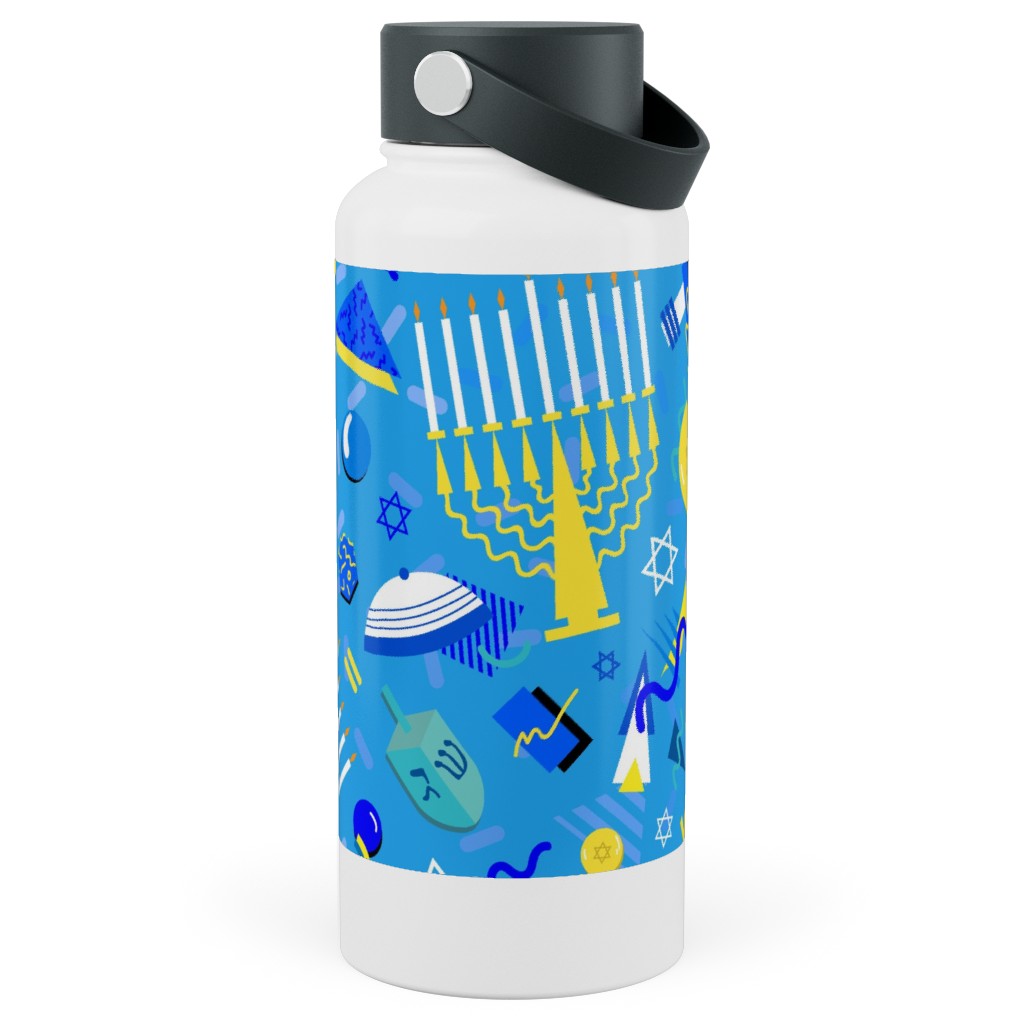 80s Hanukkah Celebration - Blue Stainless Steel Wide Mouth Water Bottle, 30oz, Wide Mouth, Blue, True Blue
