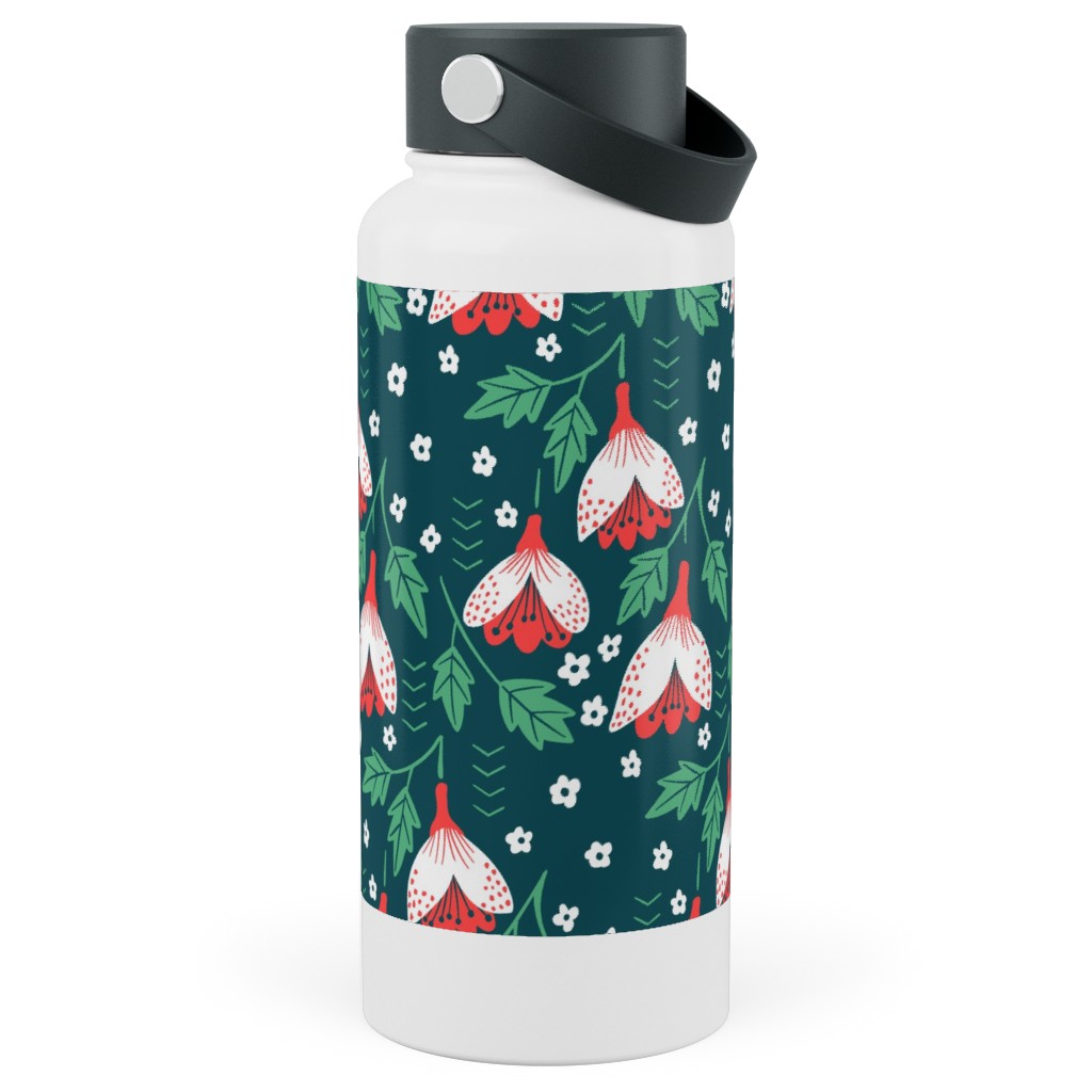 Christmas Flowers Stainless Steel Wide Mouth Water Bottle, 30oz, Wide Mouth, Green