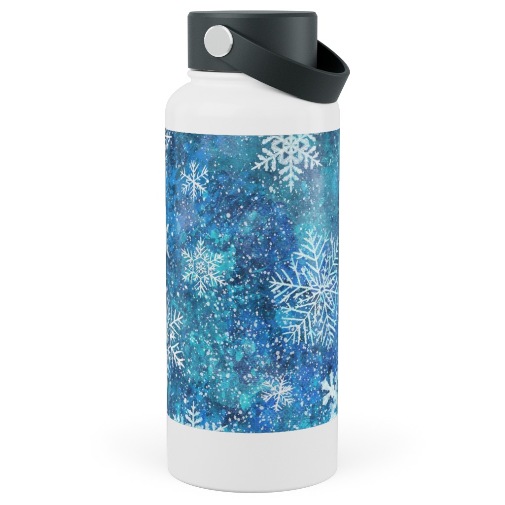 Whinsical Snowflakes Handpainted With Watercolors - Blue Stainless Steel Wide Mouth Water Bottle, 30oz, Wide Mouth, Blue