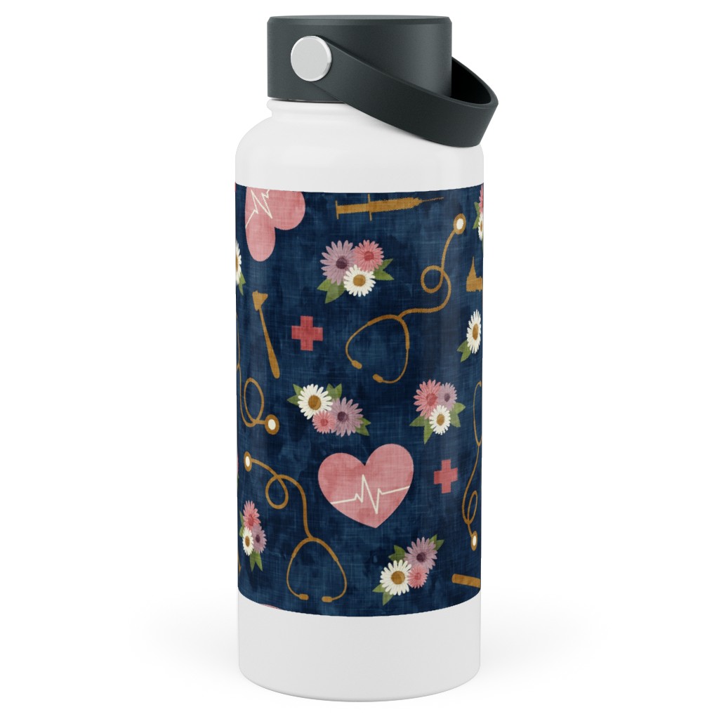 Floral Nurse Melody - Nursing - Blue Stainless Steel Wide Mouth Water Bottle, 30oz, Wide Mouth, Pink