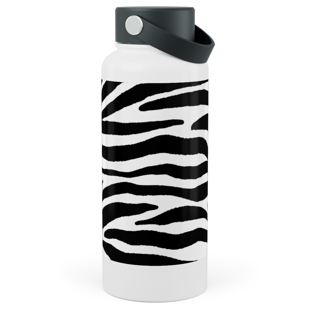 Zebra Print - Black and White Stainless Steel Wide Mouth Water Bottle, 30oz, Wide Mouth, Black