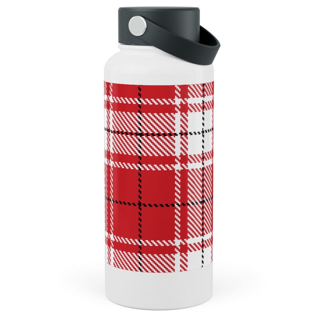Tartan - White and Red Stainless Steel Wide Mouth Water Bottle, 30oz, Wide Mouth, Red, Red