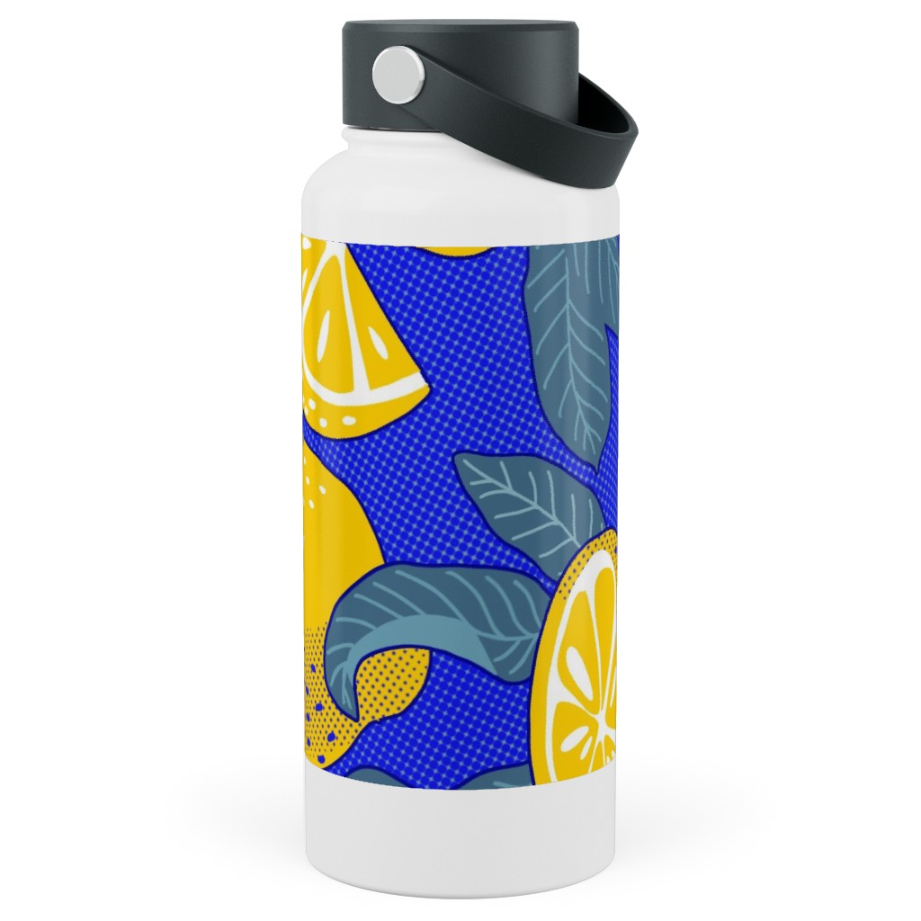 Lemons Pop Art - Blue and Yellow Stainless Steel Wide Mouth Water Bottle, 30oz, Wide Mouth, Yellow