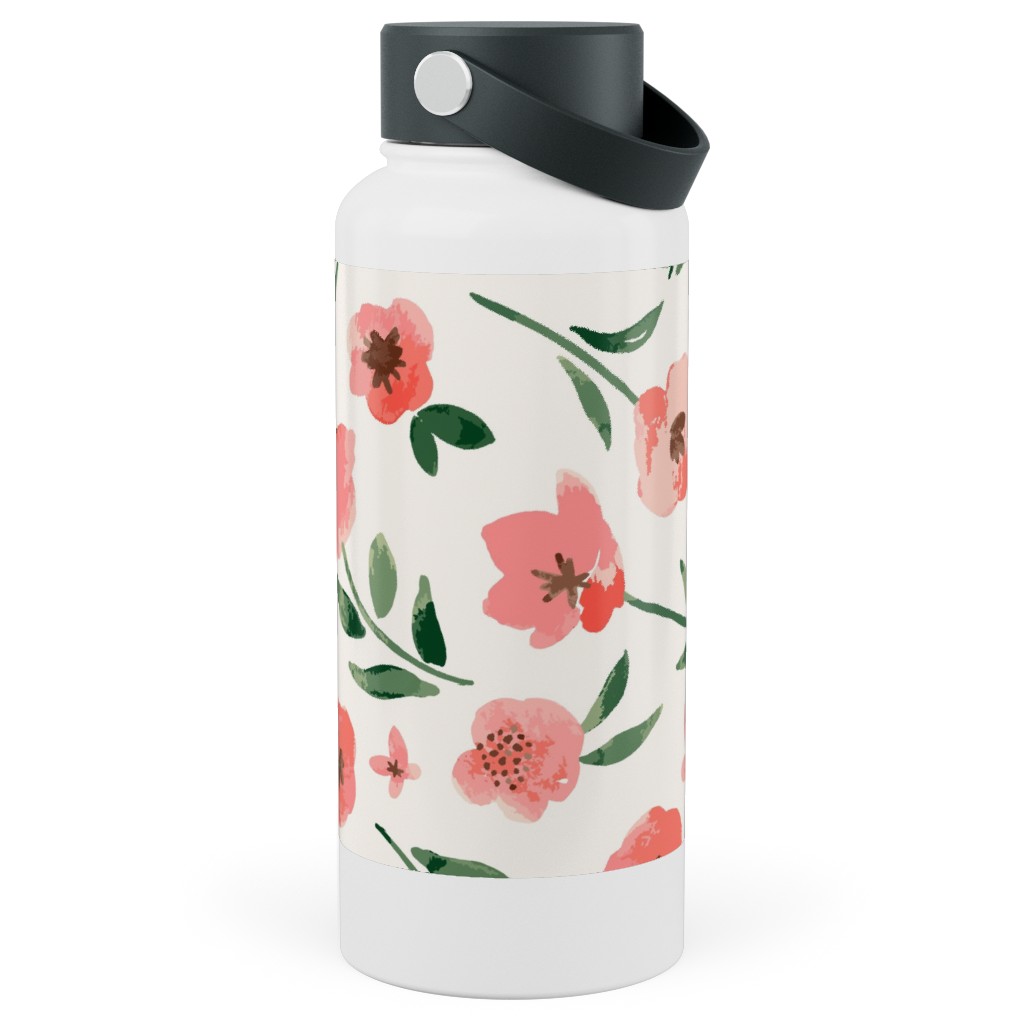Scattered Watercolor Spring Flowers Stainless Steel Wide Mouth Water Bottle, 30oz, Wide Mouth, Pink