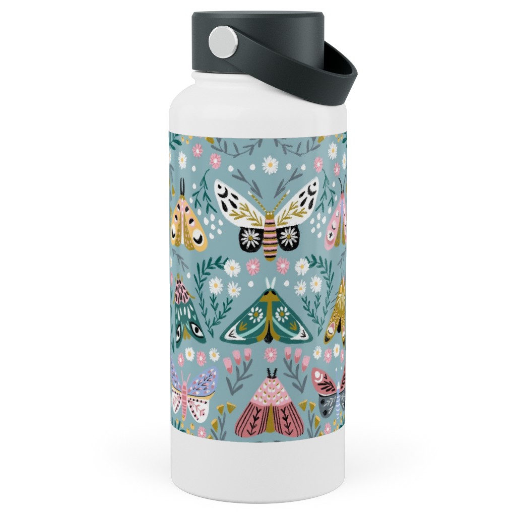 Spring Floral and Butterflies - Blue Stainless Steel Wide Mouth Water Bottle, 30oz, Wide Mouth, Multicolor