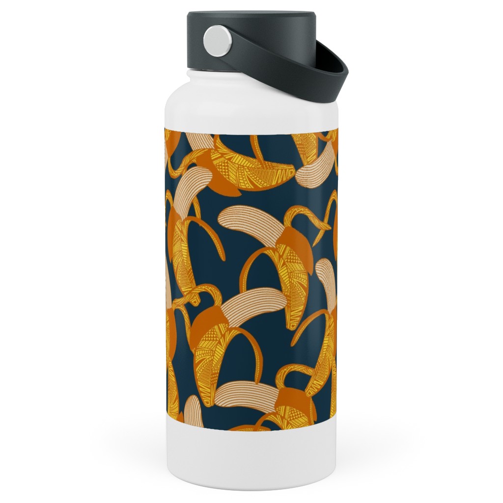 Peeled Banana - Yellow on Navy Stainless Steel Wide Mouth Water Bottle, 30oz, Wide Mouth, Yellow