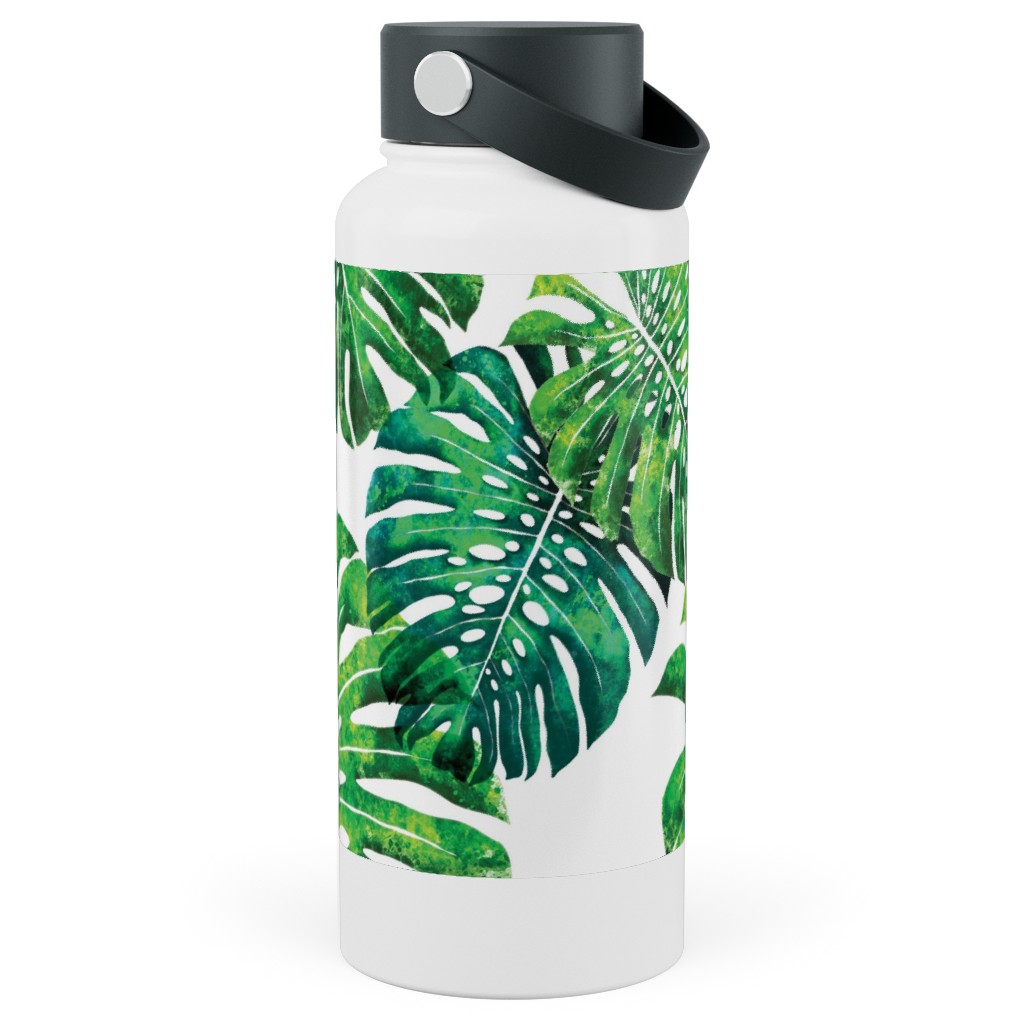 Monstera Leaves - Green on White Stainless Steel Wide Mouth Water Bottle, 30oz, Wide Mouth, Green, Classic Green