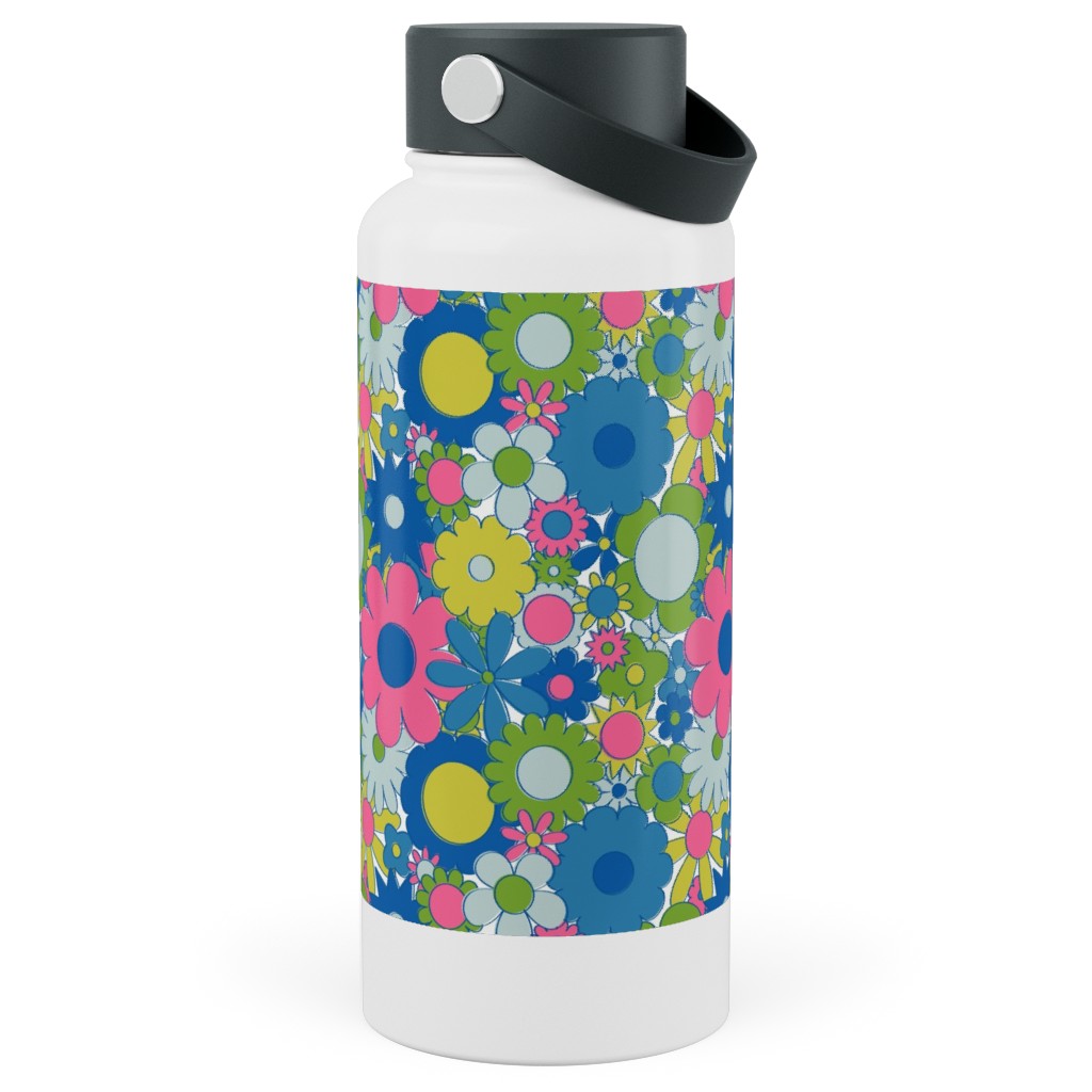 Funky Daisy Floral - Neon Stainless Steel Wide Mouth Water Bottle, 30oz, Wide Mouth, Multicolor