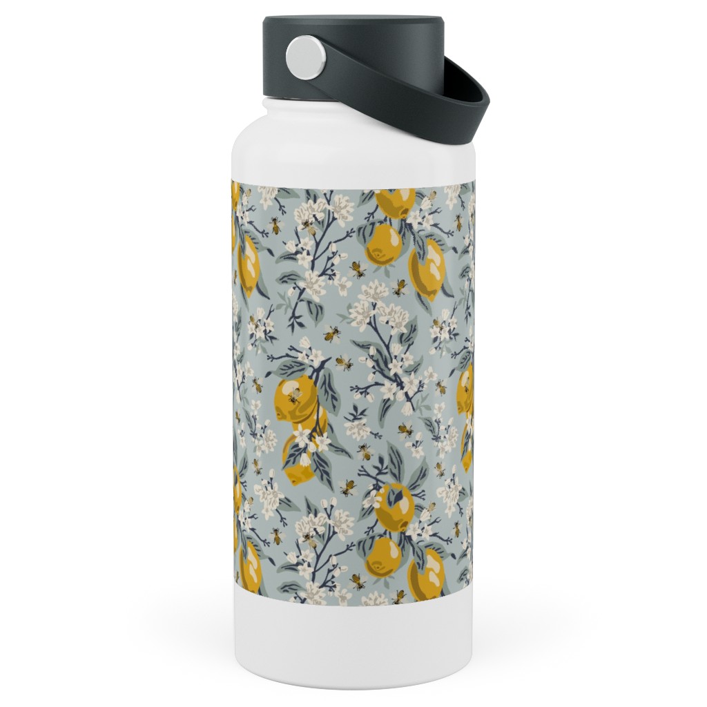 Bees & Lemons - Blue Stainless Steel Wide Mouth Water Bottle, 30oz, Wide Mouth, Blue