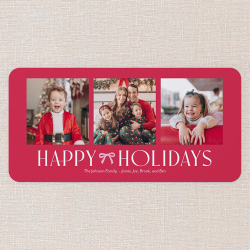 Bow Motif Holiday Card, Red, 4x8 Flat, Holiday, Pearl Shimmer Cardstock, Rounded, Red