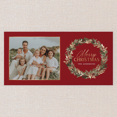 Golden Wreath Collage Holiday Card, Red, 4x8 Flat, Christmas, Pearl Shimmer Cardstock, Square, Apple