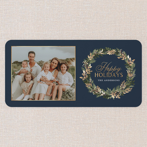 Golden Wreath Collage Holiday Card, Blue, 4x8 Flat, Holiday, Matte, Signature Smooth Cardstock, Rounded, Cobalt