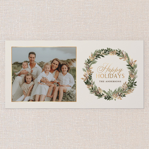 Golden Wreath Collage Holiday Card, Beige, 4x8 Flat, Holiday, Pearl Shimmer Cardstock, Square, Cream