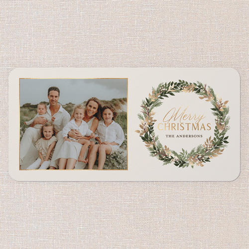 Golden Wreath Collage Holiday Card, Beige, 4x8 Flat, Christmas, Matte, Signature Smooth Cardstock, Rounded, Cream