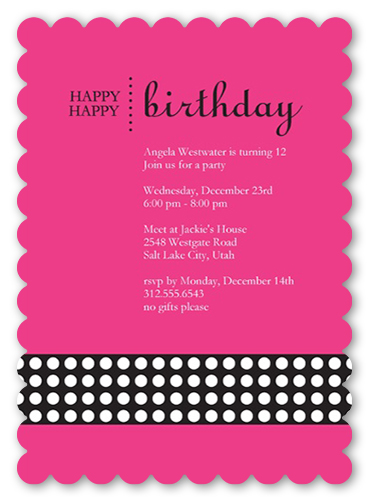 Happy Pink Party Invitation, Pink, Pearl Shimmer Cardstock, Scallop