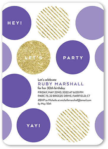 Big Bold Dots Party Invitation, Purple, 5x7 Flat, 100% Recycled Cardstock , Rounded