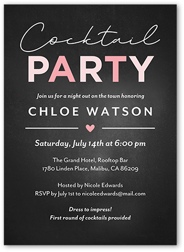 Elegant Cocktails Party Invitation, Black, 5x7 Flat, Pearl Shimmer Cardstock, Square