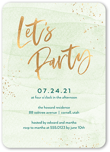 Confetti Bash Party Invitation, Green, 5x7 Flat, 100% Recycled Cardstock , Rounded