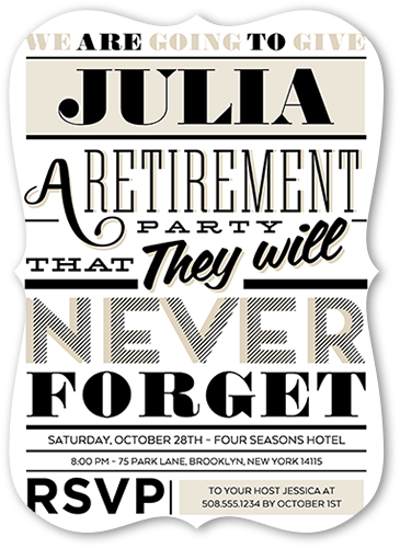 Retirement Type Party Invitation, White, 5x7 Flat, Pearl Shimmer Cardstock, Bracket