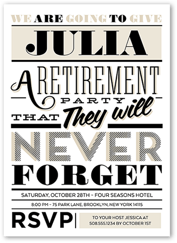 Retirement Type Party Invitation, White, 5x7 Flat, Pearl Shimmer Cardstock, Square