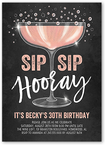 Sip Sip Hooray Birthday Invitation, Grey, Luxe Double-Thick Cardstock, Square