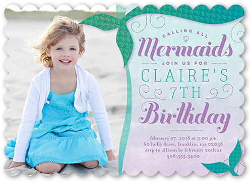 Mermaid Party Birthday Invitation, Green, Pearl Shimmer Cardstock, Scallop