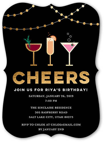 Cocktail Cheers Birthday Invitation, Black, 5x7, Pearl Shimmer Cardstock, Bracket