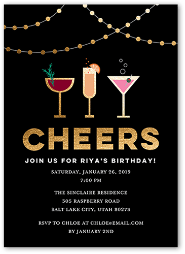 Cocktail Cheers Birthday Invitation, Black, 5x7 Flat, Matte, Signature Smooth Cardstock, Square