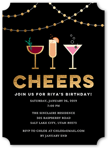 Cocktail Cheers Birthday Invitation, Black, 5x7 Flat, Pearl Shimmer Cardstock, Ticket