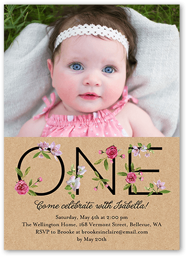 Floral One Birthday Invitation, Beige, 5x7 Flat, Matte, Signature Smooth Cardstock, Square