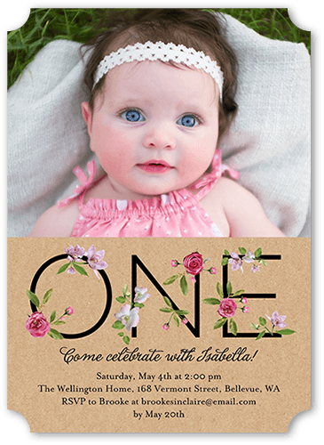 Floral One Birthday Invitation, Beige, 5x7 Flat, Pearl Shimmer Cardstock, Ticket