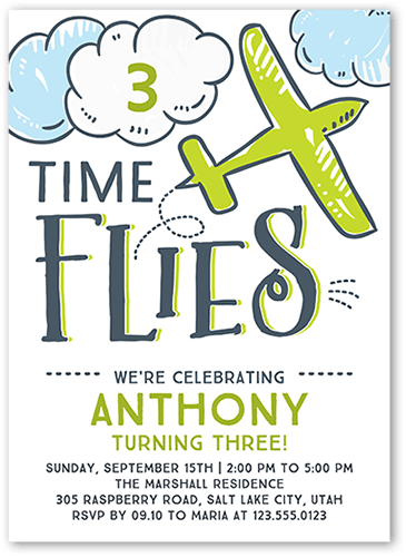 Time Flies Birthday Invitation, Green, 5x7, Standard Smooth Cardstock, Square