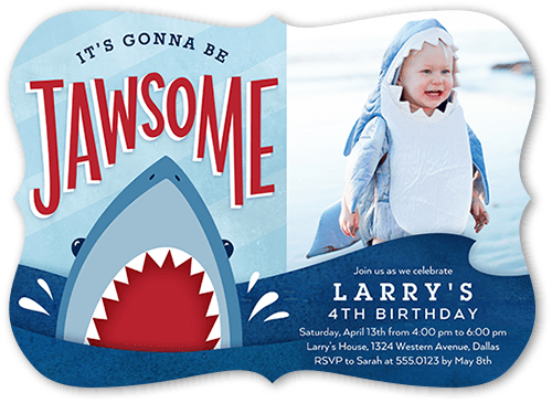 Shark Surprise Birthday Invitation, Blue, 5x7, Pearl Shimmer Cardstock, Bracket