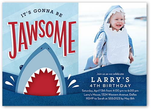 Shark Surprise Birthday Invitation, Blue, 5x7 Flat, Pearl Shimmer Cardstock, Square