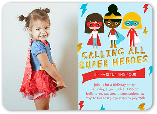 Super Heroes Birthday Invitation, Blue, 5x7 Flat, 100% Recycled Cardstock ?, Rounded