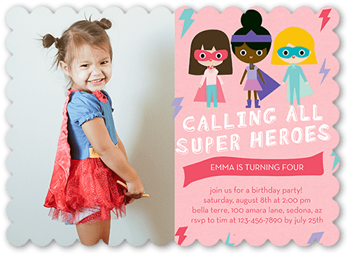 Super Heroes Birthday Invitation, Pink, 5x7 Flat, Matte, Signature Smooth Cardstock, Scallop