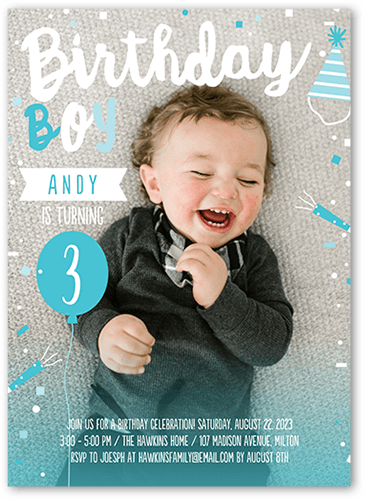 Happy Confetti Boy Birthday Invitation, Blue, 5x7 Flat, Pearl Shimmer Cardstock, Square