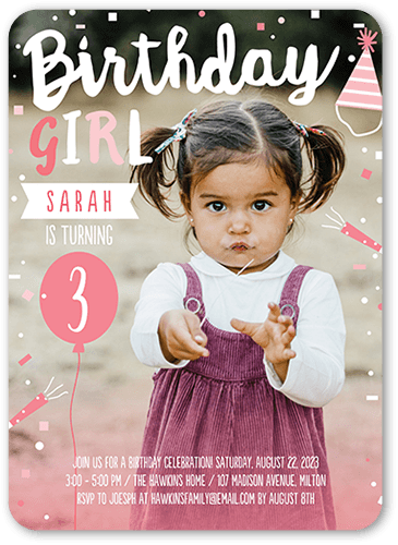 Happy Confetti Girl Birthday Invitation, Pink, 5x7 Flat, Pearl Shimmer Cardstock, Rounded