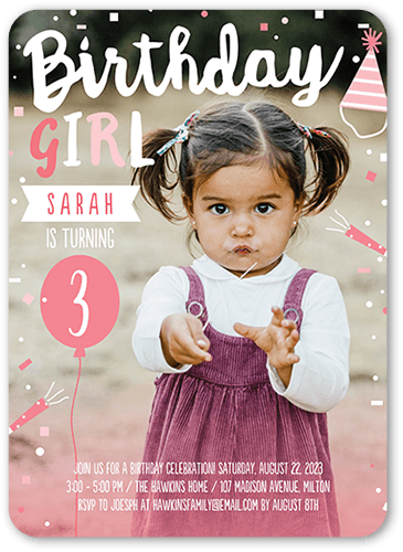 Happy Confetti Girl Birthday Invitation, Pink, 5x7 Flat, Standard Smooth Cardstock, Rounded