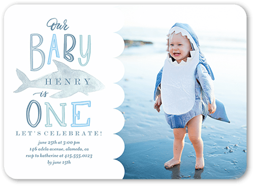 Baby Shark Boy Birthday Invitation, Blue, 5x7 Flat, 100% Recycled Cardstock ?, Rounded