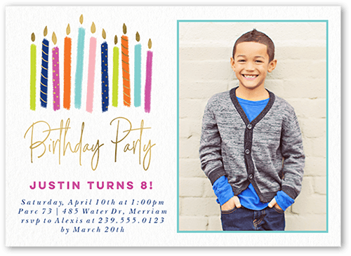 Party Candles Boy Birthday Invitation, Pink, 5x7, Pearl Shimmer Cardstock, Square