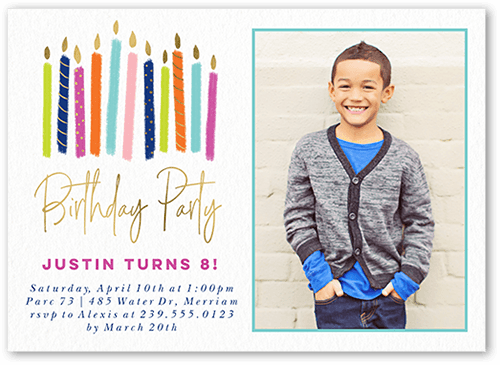 Party Candles Boy Birthday Invitation, Pink, 5x7 Flat, Standard Smooth Cardstock, Square