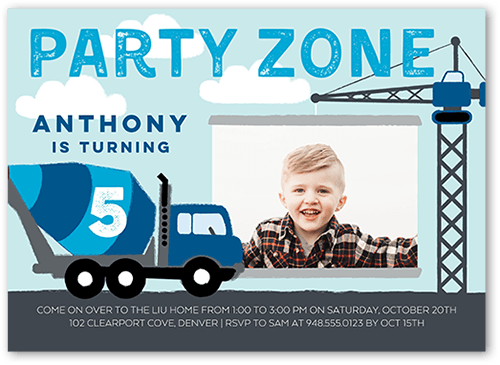 Party Zone Birthday Invitation, Blue, 5x7 Flat, Standard Smooth Cardstock, Square