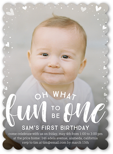 What a Fun One Birthday Invitation, White, 5x7, Pearl Shimmer Cardstock, Scallop