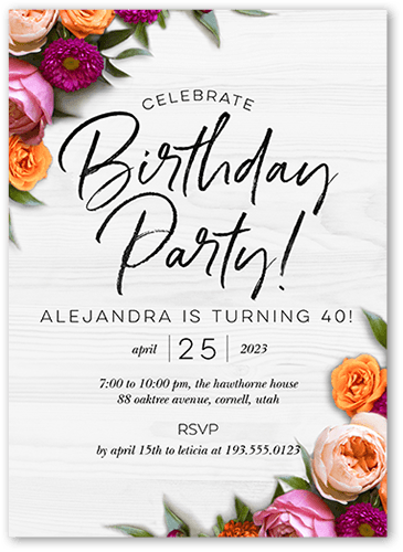 Rustically Floral Birthday Invitation, White, 5x7 Flat, 100% Recycled Cardstock ?, Square