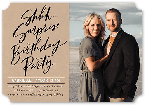 Surprise Party Birthday Invitation, Beige, 5x7 Flat, Pearl Shimmer Cardstock, Ticket