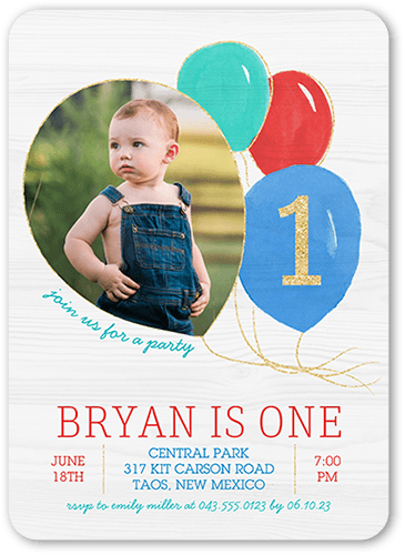 Balloon Bunch Boy Birthday Invitation, Blue, 5x7 Flat, Pearl Shimmer Cardstock, Rounded